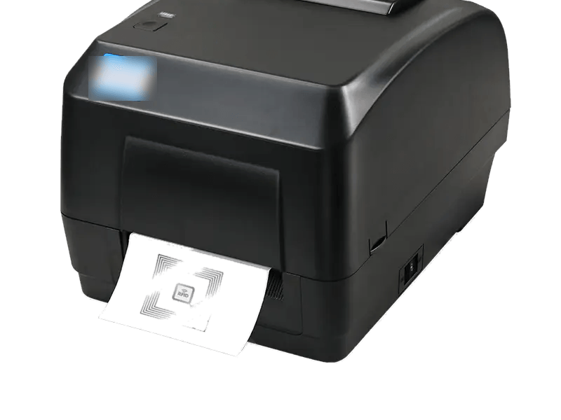 Imprimante RFID UHF à transfert thermique imprimant et encodant une étiquette