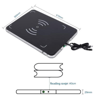 Platine de lecture et d’encodage RFID UHF posée sur un poste de travail
